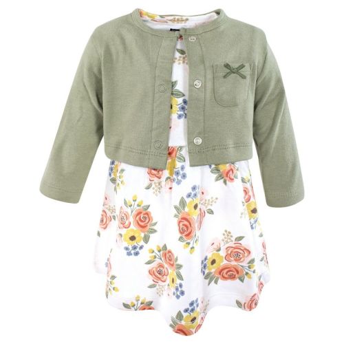 Hudson Baby Girls Cotton Dress and Cardigan Set, Golden Bouquet