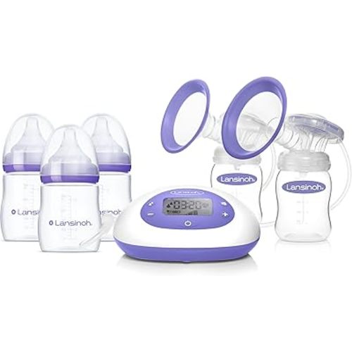 Lansinoh Oh Baby Newborn Essentials Kit – Signature Pro Double Electric Breast Pump with 25mm Flanges, 2 Feeding Bottles + 3 Count 5 oz Anti-Colic Baby Bottles with Slow Flow Silicone Nipples