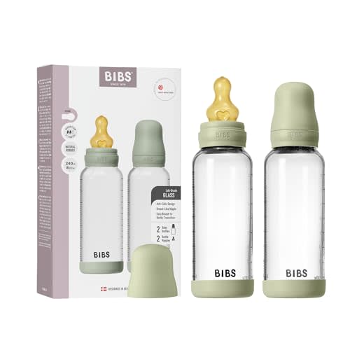 BIBS Glass Baby Bottle, 240 ml, 2-Pack, Natural Rubber Nipple, Sage | Anti-Colic | Natural Rubber Latex Nipple | Medium Flow | Supports Breastfeeding | Made in Denmark | Familiar BIBS Nipple