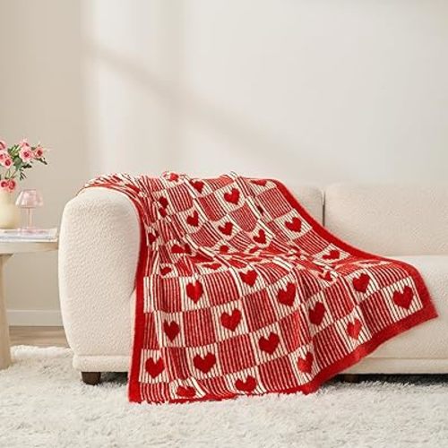 Snuggle Sac Red Heart Checkered Blanket for Women,Christmas Heart Blankets for Her Wife Girlfriend Mom,Super Soft Warm Fluffy Faux Fur Blanket for Couch Sofa Bed,Red Heart,60x80 inches