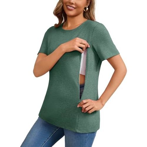 GINKANA Women's Nursing Shirts Short Sleeve Breastfeeding Tshirt with Hidden Zippers Loose Fit Nursing Tops