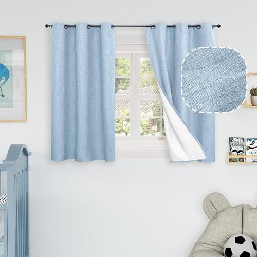 Baby Blue Linen Blackout Curtains for Nursery 95 Inch Length 2 Panels Set, Thermal Insulated Boho Total Black Out Noise Reducing Bonzer Grommets Window Curtains for Kids Bedroom, Each 52 Inch Wide