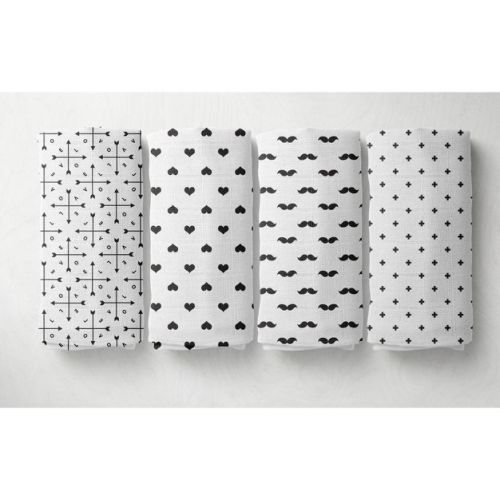 Bacati - LOVE Muslin Swaddling Blankets set of 4, Black/White