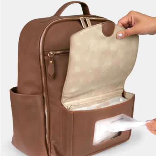 Peek-A-Boo Vegan Leather Diaper Bag Backpack 2.0 in Toffee