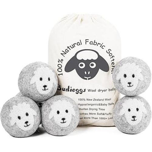 Budieggs Wool Dryer Balls Organic XL 6-Pack, 100% New Zealand Chemical Free Fabric Softener for 1000+ Loads, Baby Safe & Hypoallergenic, Reduce Wrinkles & Shorten Drying Time (Grey Sheep-6pcs)