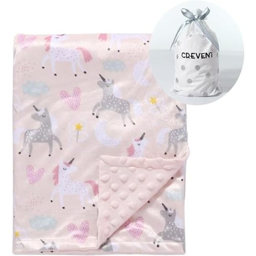 CREVENT Minky Baby Blanket for Girls - Soft Plush Receiving Blanket for Newborns - 30x40 Inches (Unicorn)