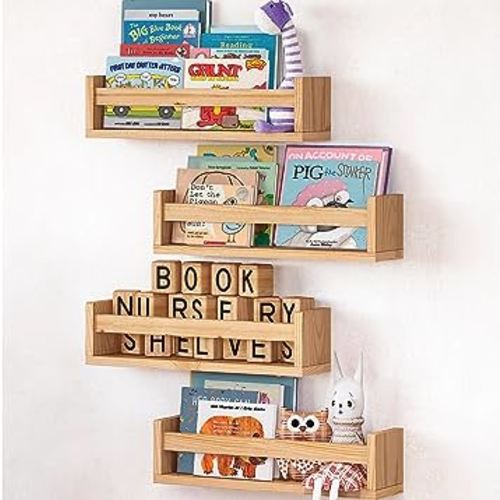 NATURE SUPPLIES Set of 4, Natural Wood Floating Nursery Book Shelves, 16.4" Floating Bookshelves, Wall Book Shelf for Kids Rooms Decor, Toys & Playroom Furniture, Kids Bookshelf, Nursery Bookshelf