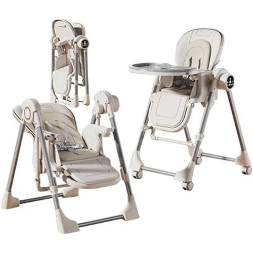 2-in-1 Baby High Chair with Swing Mode, Foldable Multi-Level Adjustable Feeding Chair with 2-Tier Split Tray, PP Material with Wheels (E-White)