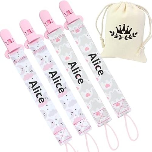 4 Pack Personalised Baby Pacifier Holder Clip, Custom Dummy Clips and a Storage Bag for Boys and Girls, Universal Fits for Most Pacifiers, Protects Your Baby, Binky Styles Strap Holder, Lightweight Perfect for Baby Teethers & Toy and Gift (Pink)