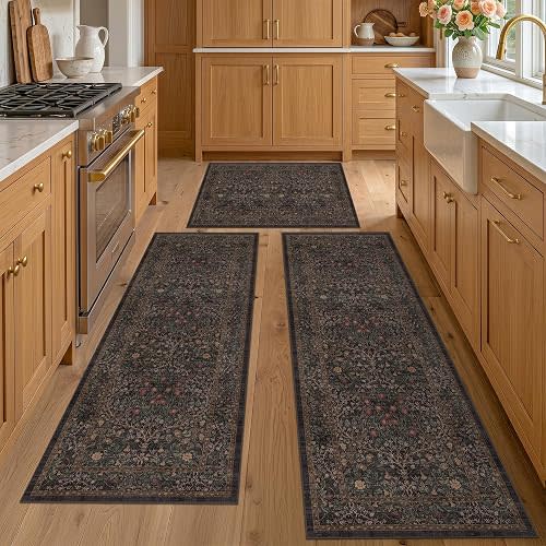 Taupe Brown Kitchen Rug Set of 3, Washable Non-Slip Mats with Runner, Low Pile Vintage Botanical Floor Covering for Entryway, Bathroom, Hallway, Laundry Room
