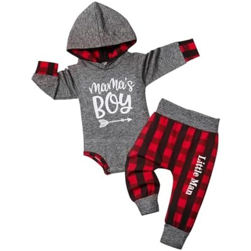 Fommy Newborn Baby Boy Clothes Plaid Letter Print Long Sleeve Hoodies + Long Pants 2PCS Fall Winter Outfits Set