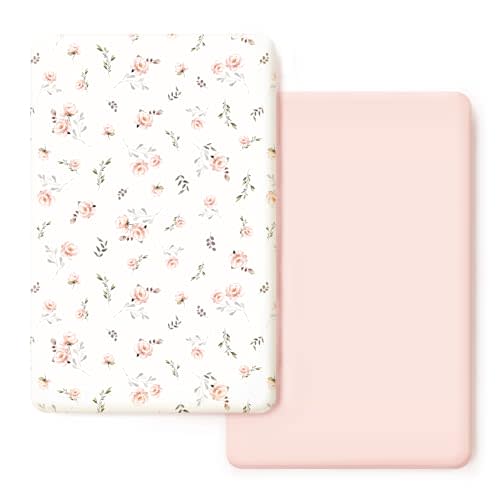 Stretchy Ultra Soft Jersey Knit Fitted Pack n Play Sheets Set 2 Pack, Portable/Mini Crib Sheets for Girls, Universal Fit for Pack N Plays Safe and Snug, Pink Rose Print