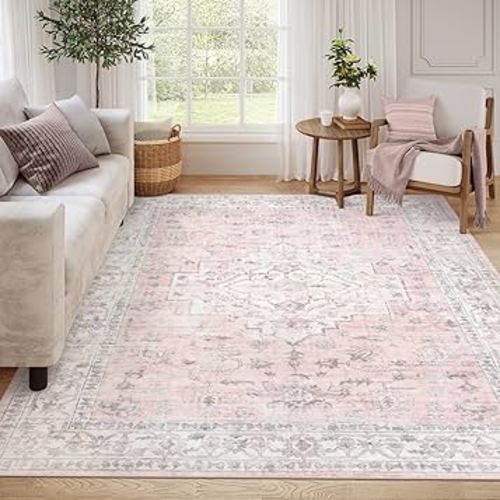 LIVEBOX Pink 8x10 Area Rug for Bedroom Girls, Boho Washable Rugs for Living Room Nursery, Non-Slip Indoor Soft Carpet Low-Pile Farmhouse Carpets for Dining Room Kids Playroom, Pink