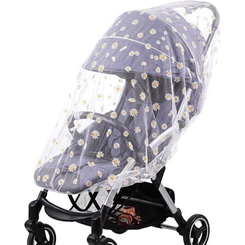 Stroller Mosquito Net for Baby with Daisy Design - Universal Baby Stroller Bug Net with Elastic Stretch Band for Bassinets & Cribs