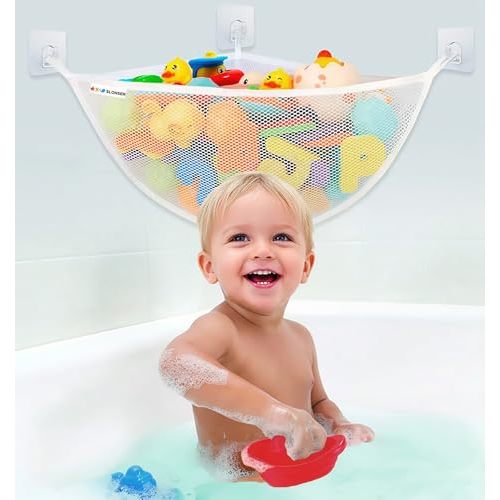 Bath Toy Storage Organizer for Bathtub – Large Mesh Bath Toy Holder & Bath Toy Net, Corner Bathtub Toy Storage with 3 Strong Suction Cups, 3 Adhesive Hooks, Quick-Dry Toy Holder for Tub & Shower