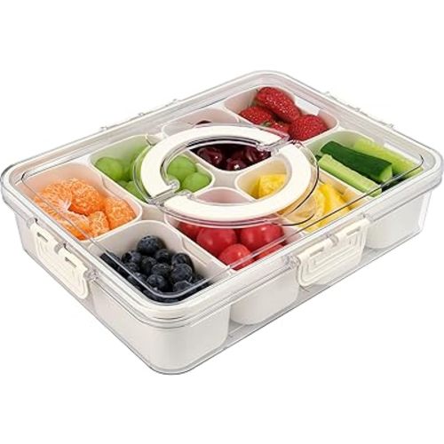 Snackle Box Container, 8 Compartments Divided Serving Tray with Lid and Handle, Portable Snack Box Containers for Veggie Tray Charcuterie Boxes Fruit Storage Candy Organizer (8 Compartments)