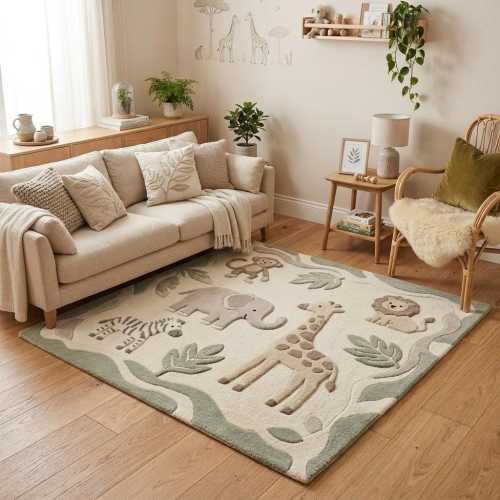 Safari Nursery Rug, Hand Tufted Kids Rug, Jungle Animal Area Rug, Neutral Baby Room Decor, Elephant Giraffe Lion Zebra Rug, Kids Bedroom Rug