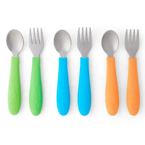 Babies/Toddler Stainless Steel Spoons + Forks with Silicone Handle (Green/Blue/Orange)