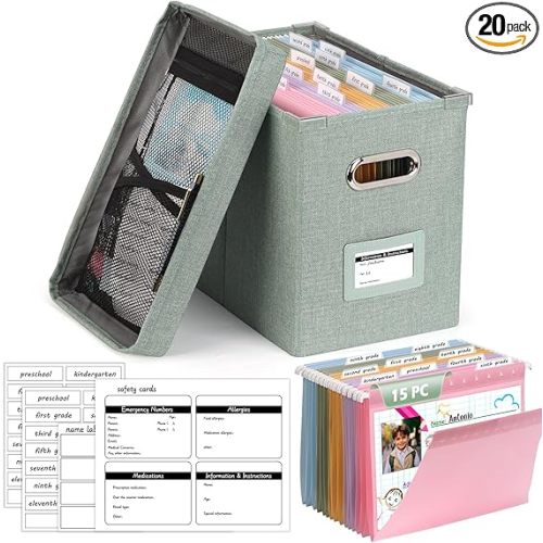 DOSTATNI School Years Organizer Kit K-12 School Years Memory Keeper with 15 Hanging File Folders Plastic 4 different Labels Memory Keepsake Box for kids Storage Pictures File Keeper (Green)