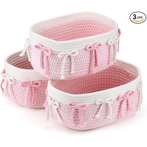 Geelin 3 Pcs Pink Bow Baskets for Gift Cute Coquette Woven Rope Gift Baskets Rectangle Shelf Organizer Laundry Hamper Storage Bins for Closet Bedroom Decor Nursery Toys Organizing, 11.8''x7.8''x4.7''