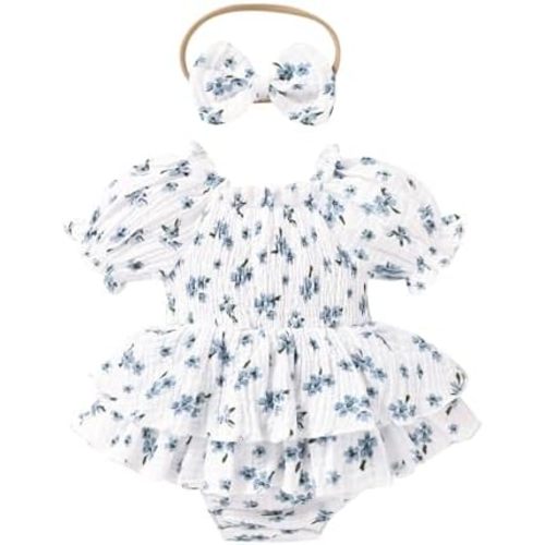 Happy Town Baby Girl Clothes Infant Summer Romper Dress Ruffle Short Sleeve Jumpsuit with Headband Cute Toddler Outfits