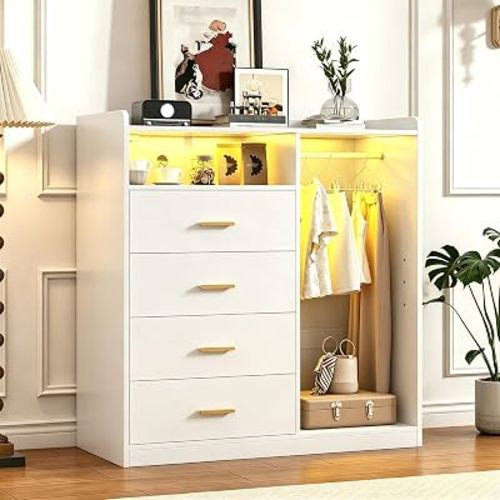 Bigbiglife Dresser with Clothes Rack for Bedroom Wood, 4 Drawer Dresser White with LED Lights and Power Outlet, 15.7" D x 43.3" W x 45.7" H, Tall Storage Chest of Drawers with Flexible Shelf (White)