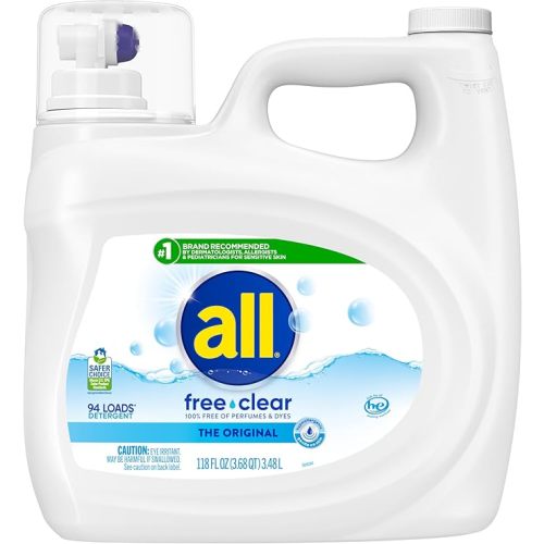 all Liquid Laundry Detergent Free Clear, 118 Ounce, 94 Loads | Controls static cling, hypoallergenic formula, dye and fragrance free, dermatologist tested, gentle on skin