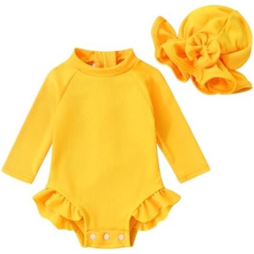 YOUNGER TREE Infant Baby Girls Swimsuit Long Sleeve Swimsuits One Piece Swimsuit Solid Color Bathing Suit with Hat, UPF 50+