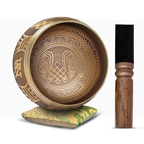 Tibetan Singing Bowl Set - Easy To Play Authentic Handcrafted For Meditation Sound Bowl Chakra Yoga Healing 4 Inches By Himalayan Bazaar (Gold & Green)