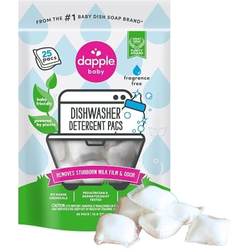 Dapple Baby Dishwasher Detergent Pods - 25 Count - Fragrance-Free, Hypoallergenic & Plant-Powered Dishwasher Pacs - Removes Milk Residue From Baby Bottles