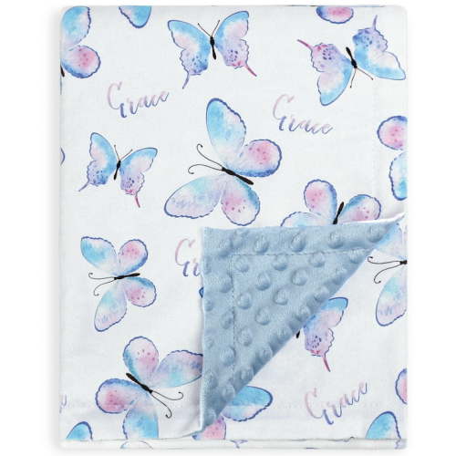 Baby Blanket Super Soft Double Layer Minky with Dotted Backing for Girls, Receiving Blanket with Elegant Blue Butterfly Printed Blanket 30 x 40 inch(75x100cm)
