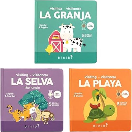 Binibi Bilingual Animal Sound Book Bundle for Babies & Toddlers 1-3 | 5 Fun Animal Sounds | Interactive Spanish Baby Books