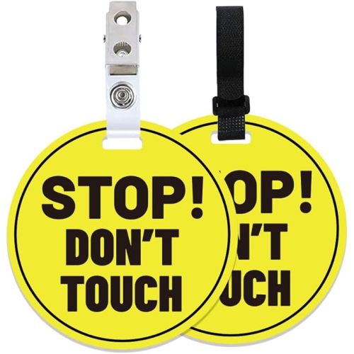 PLIGREAT 2 Pack Yellow Stop Don't Touch Baby Car Seat Sign for Newborn Babys Girl Boy No Touching Kissing Baby Reminder Signage for Babys Carrier Car Seat Stroller Tag with Hanging Straps and Clip