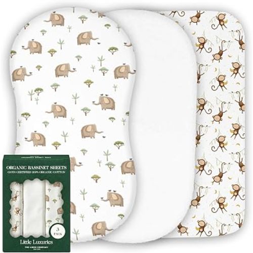100% Organic Cotton Bassinet Sheets, 33" x 17", Safari, 3-Pack