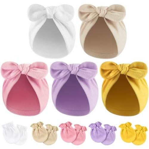 BQUBO Baby Turban Hats and Mittens Set Newborn Infant Hospital Hats Caps with Bows for Baby Boys Girls 0-12 Months