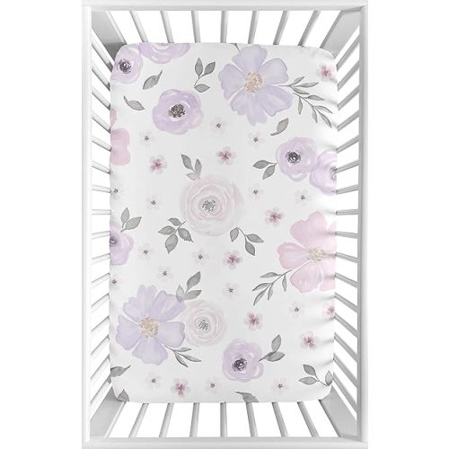 Sweet Jojo Designs Lavender Purple, Pink, Grey and White Baby Girl Fitted Mini Portable Crib Sheet for Watercolor Floral Collection - Rose Flower - for Mini Crib or Pack and Play ONLY