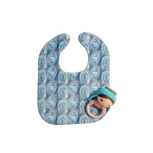 Miraculous Medal Bib and Mary Rattle Set | Catholic Baby Gift