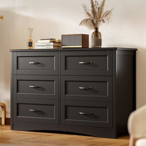Gizoon 6 Drawer Dresser for Bedroom，47'' Larger Chest of Drawers with Mental Handle for Kids Room, Black Dresser with 6 Storage Drawers for Living Room, Entryway and Hallway, Black