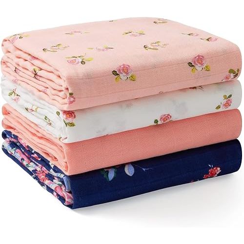 Momcozy Muslin Swaddle Blankets, 4-Pack, Large 47"x47" Blooming Dream