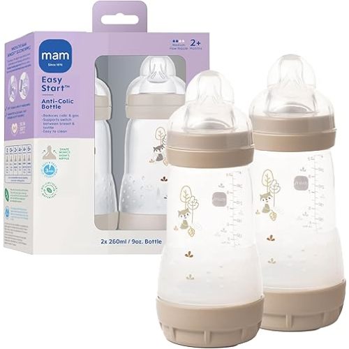 MAM 9oz Easy Start Anti-Colic Wide Neck Vented Baby Bottle, Medium Flow Breastfeeding-Like Nipple, Reduces Colic Gas & Reflux, Easy to Clean, BPA Free, 2+ Months, Made in Europe, 2 Pk, Unisex