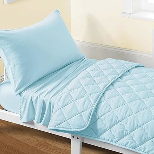 FLXXIE Toddler Bedding Set - 4 Piece Microfiber Crib Sheet Set, Crib Bedding Set Includes Quilted Comforter, Flat Top Sheet, Fitted Sheet, Envelope Pillow Case for Boys and Girls, Aqua