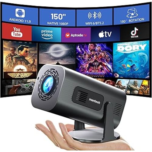Mini Projector with WiFi and Bluetooth, 180°Adjustable Stand Smart Projector, 150" Portable Projector with Android TV 11.0, 2.4G/5G, Native 1080P, 300 ANSI Auto Keyston Outdoor/Home Movie, Iron Grey