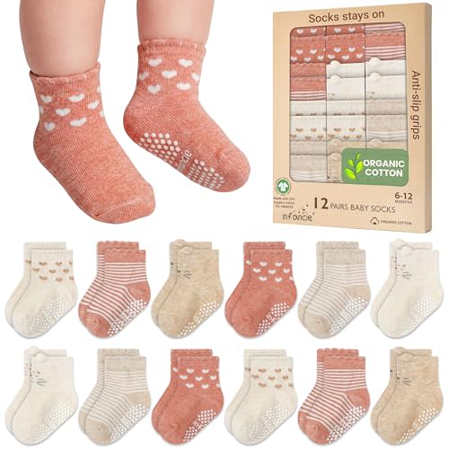 Organic Cotton GOTS Certified Newborn Socks 12 Pair - 6-12 Months – Soft and Comfortable Baby grip Socks, Premium Newborn Baby Socks, Gift for Little Boys