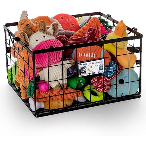 Dog Toy Basket, Dog Toy Storage Bin for Pet, Medium Toy Box for Dogs, Metal Storage Box with Handles, Toy Organizer Holder Boxes for Living Room (Black)