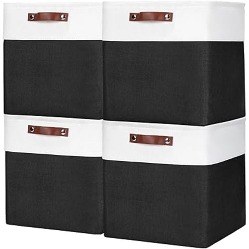 13x13 Cube Storage Bins, Collapsible Fabric Storage Box, 4 Pack Closet Baskets with Handles for Organizing, Shelf, Toys, Clothes, Home, Office, Nursery (Black&White)