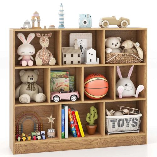 Costway 10-Cube Bookcase for Kids 41"Wooden Toy Storage Organizer for Kid’s Room White/Natural