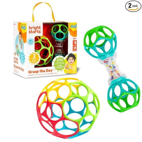 Bright Starts Easy-Grasp Oball Bundle Gift Set - Grasp The Day, Ball and Rattle Toys 2-Pack, BPA Free, Unisex, Newborn+