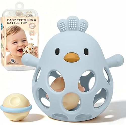 Tinabless 2-in-1 Baby Teething Rattle Toy, Easy Grip Silicone Teether for Babies 3-12 Months, BPA-Free Sensory Grasping Chew for Sore Gums, Infant Shower Gift (Blue w/Rattle)
