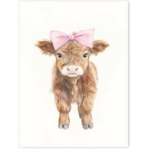 Cute Highland Calf with Pink Bow Watercolor Canvas Wall Art, Baby Cow Nursery Poster Print, Farmhouse Cottagecore Decor for Kids Room 12x16in Unframed