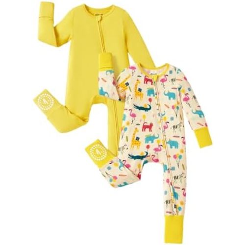 PATPAT Baby Footie Romper, Viscose from Bamboo, Long Sleeve, 2-Way Zipper, Fold-Over Mittens, Cuffs & Anti-Slip Grips